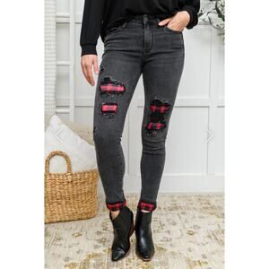 Judy Blue Jeans Womens Size 5 / 27 Buffalo Plaid Peek-A-Boo Charcoal Patch NEW